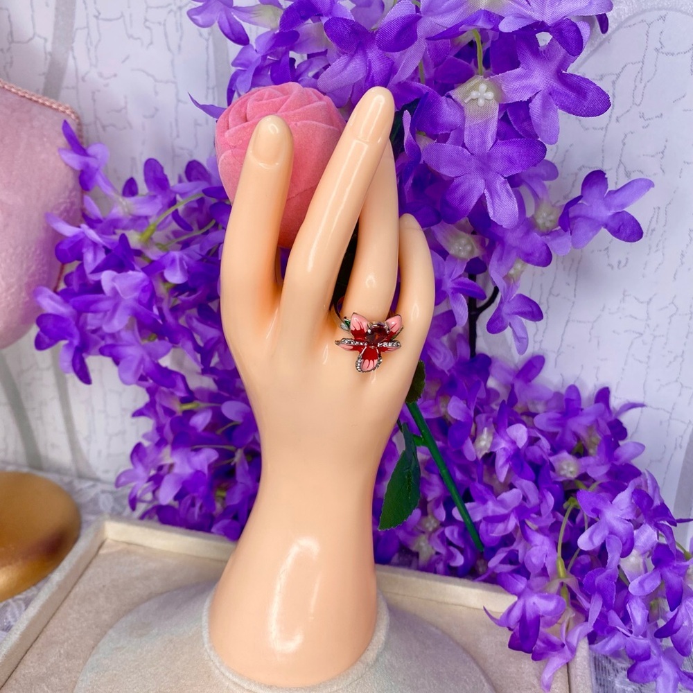 🌹 Silver Pink & Ruby Red Rhinestone Floral Ring 6 🌹 Including Velvet👑 Gift Box 🎀 - Picture 11 of 14